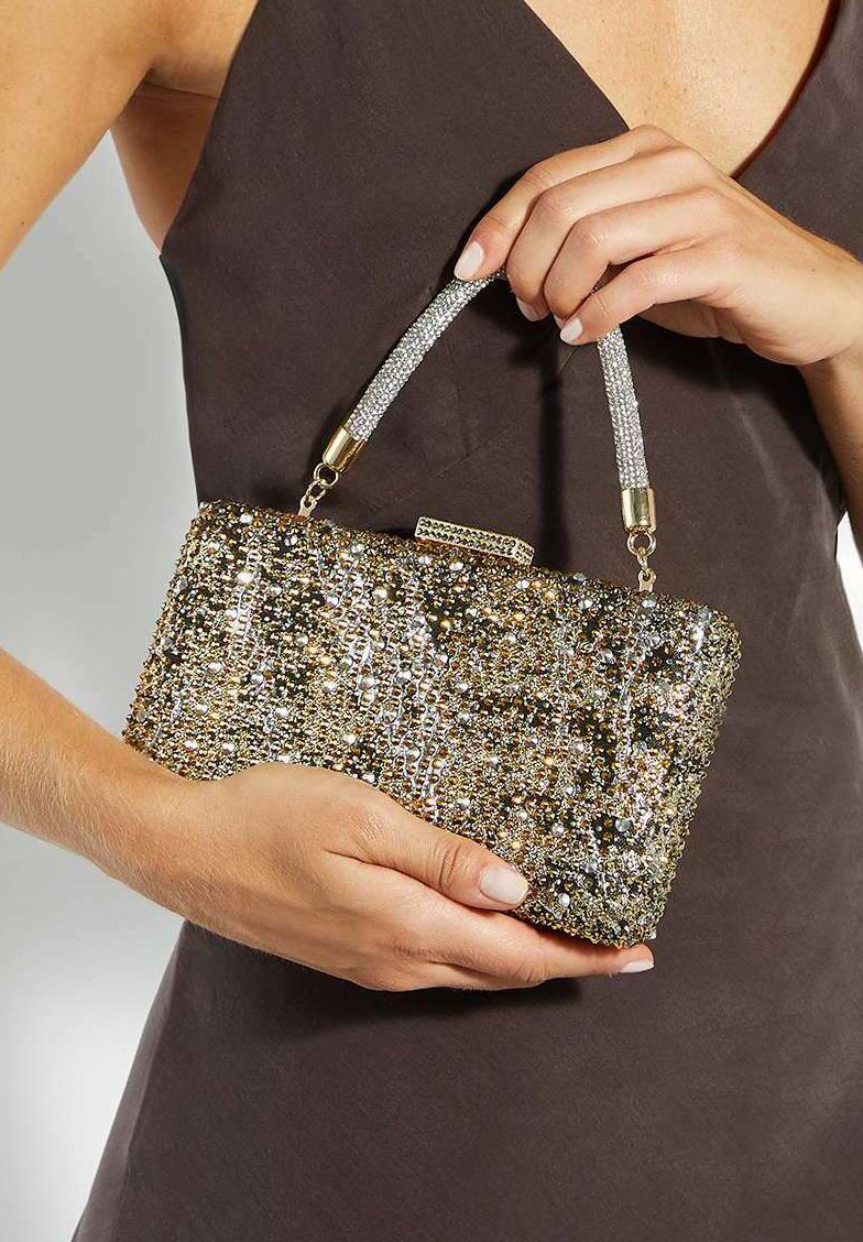 Glittering gold and silver beaded clutch with a crystal-embellished handle and a secure clasp; rectangular shape, textured surface.