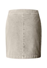 Béžová manžestrová mini sukně se střihem do rovna, pasovým lemem a viditelným šitím uprostřed a na lemu.