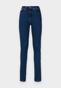 Tmavomodré džíny s vysokým pasem, úzkého střihu, se zapínáním na předním knoflíku a zipu, předními a zadními kapsami, a malou značkovou etiketou na přední kapse.