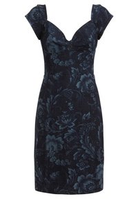 Tumman kukkakuosisessa mekossa on lyhyet hihansuut, sydämen muotoinen pääntie ja vartalonmyötäinen siluetti. Mekossa on teksturoitu kangas, jossa on sinisiä kukkia.