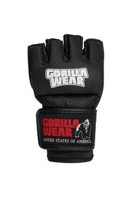 Zwarte trainingshandschoen met een vingerloze ontwerp, textuur oppervlak en een opvallend "Gorilla Wear" logo in het wit. Heeft een rode en zwarte strap.