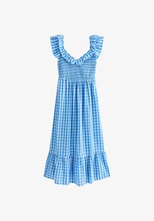 New Look, COTTON GINGHAM RUFFLED NECK MIDI DRESS, niebieski