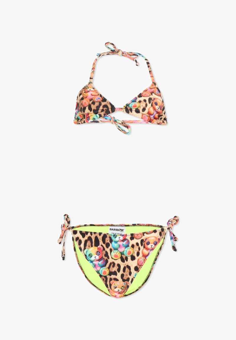 Conjunto de bikini de estampado de leopardo con gráficos coloridos de osos de peluche, top de cuello halter y calzones con lazos en los lados.