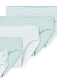 Fünf Paare Kinderunterwäsche aus Baumwolle in Pastellblau, Weiß und mit gestreiften oder Schildkrötenmustern, überlappend auf einem weißen Hintergrund angeordnet.