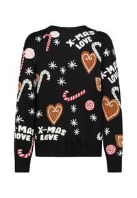 Schwarzer Pullover mit festlichem Muster aus Zuckerstangen, Herzen, wirbelnden Süßigkeiten, Schneeflocken und dem Schriftzug "X-MAS LOVE" in buntem Strick.