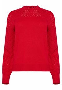 Czerwony sweter z prążkowanym okrągłym dekoltem, teksturowanymi i wzorzystymi długimi rękawami oraz dopasowanym fasonem. Dzianinowy materiał z dekoracyjnymi szczegółami.