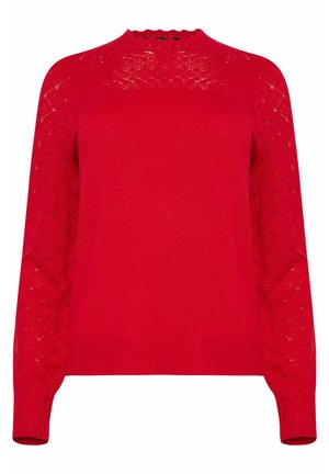 Roter Pullover mit einem gerippten Rundhalsausschnitt, strukturierten und gemusterten langen Ärmeln und einem taillierten Schnitt. Strickmaterial mit dekorativen Details.