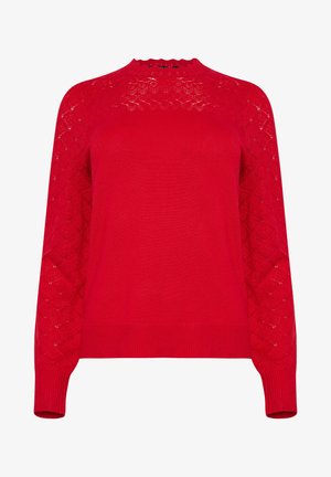 Roter Pullover mit einem gerippten Rundhalsausschnitt, strukturierten und gemusterten langen Ärmeln und einem taillierten Schnitt. Strickmaterial mit dekorativen Details.