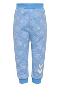 Blå joggerbyxor med ett vitt bi-mönster som har ordet "happy". Elastisk midja och mudd, med en vit chevron-accent på ett ben.