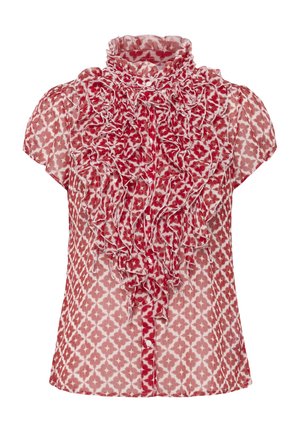 Rood-witte blouse met een patroon, voorzien van ruches bij de hals en voorkant, korte mouwen en knoopsluiting. Lichtgewicht, textuurstof.