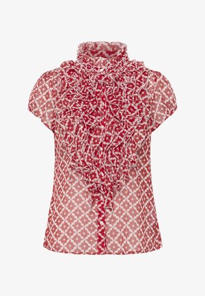 Rood-witte blouse met een patroon, voorzien van ruches bij de hals en voorkant, korte mouwen en knoopsluiting. Lichtgewicht, textuurstof.