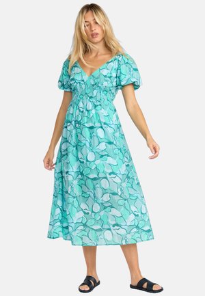 Aqua-green, floral-printed dress with puff sleeves and a fitted bodice. Made of lightweight fabric, it features a tiered, flowing skirt.