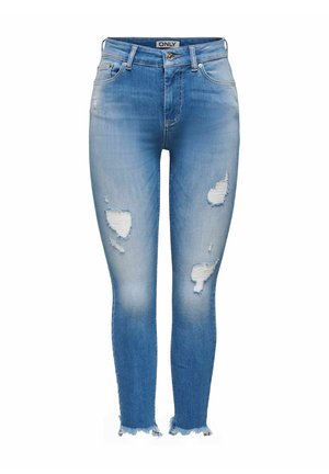 Lichtblauwe skinny jeans met versleten patches op de voorste dijen en rafelige zoom, met het merk "ONLY" op de tailleband.