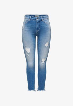 Blugi skinny bleu deschis cu pete uzate pe coapsele din față și tivuri desfăcute, marcă "ONLY" pe talie.