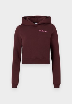 Bordová skrátená mikina s dlhými rukávmi, s ružovým vyšívaným logom na hrudi, vyrobená z jemnej zmesi bavlny.