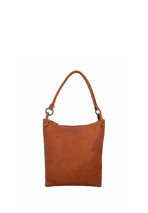 Braune Lederschultertasche mit einem Griff und Metallring-Befestigungen, mit einem oberen Reißverschluss.