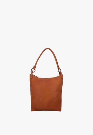 Braune Lederschultertasche mit einem Griff und Metallring-Befestigungen, mit einem oberen Reißverschluss.