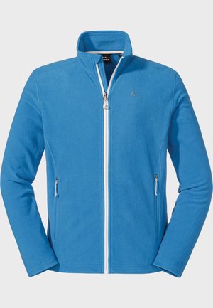 Blaue Fleecejacke mit hohem Kragen, durchgehendem Reißverschluss, zwei Seitentaschen und kleinem Logo auf der Brust. Weicher Stoff und sportliches Design.