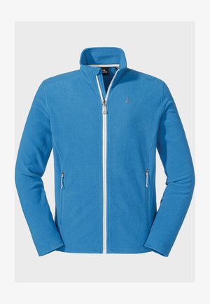 Blaue Fleecejacke mit hohem Kragen, durchgehendem Reißverschluss, zwei Seitentaschen und kleinem Logo auf der Brust. Weicher Stoff und sportliches Design.