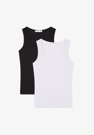 Due canotte, una nera e una bianca, realizzate in cotone morbido e elasticizzato. Entrambe presentano spalline larghe e scolli arrotondati.