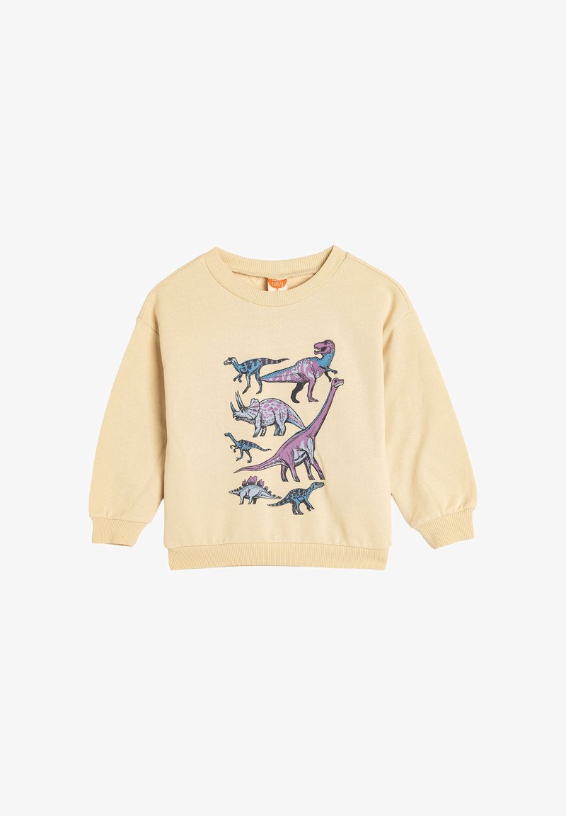 Katoenen sweatshirt in lichtbeige met kleurrijke dinosaurusillustraties aan de voorkant. Ribgebreide manchetten en zoom met een ronde halsontwerp.