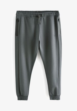 Graue Jogginghosen aus weichem, gemischtem Stoff mit einem elastischen Bund, Zugband und zwei seitlichen Reißverschlusstaschen. Eng anliegende Bündchen an den Knöcheln.