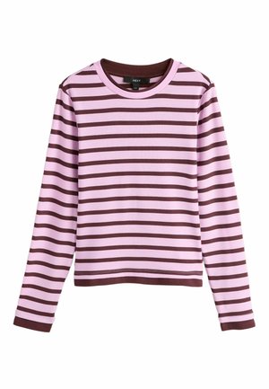 Langärmliges Rundhalsshirt mit horizontalen rosa und braunen Streifen, brauner Einfassung am Kragen, an den Bündchen und am Saum.