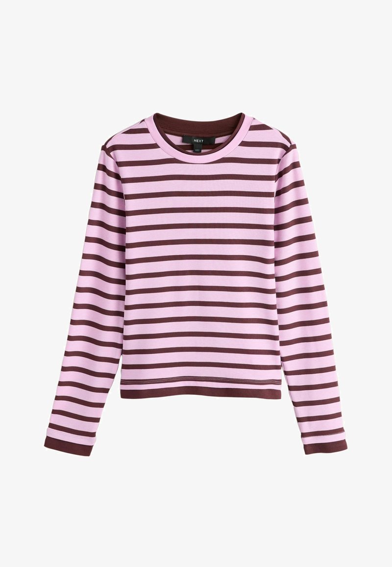 T-shirt à manches longues et col rond avec des rayures horizontales roses et marron, bordure marron au col, aux poignets et à l'ourlet.
