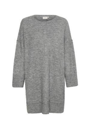 Oversized gray sweater with a soft texture, ribbed cuffs, and a round neckline. Features a loose fit and mid-length design.
