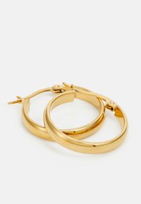 Gold hoop earrings with a smooth, shiny finish. Features a hinge closure and a rounded design, emphasizing a classic look.