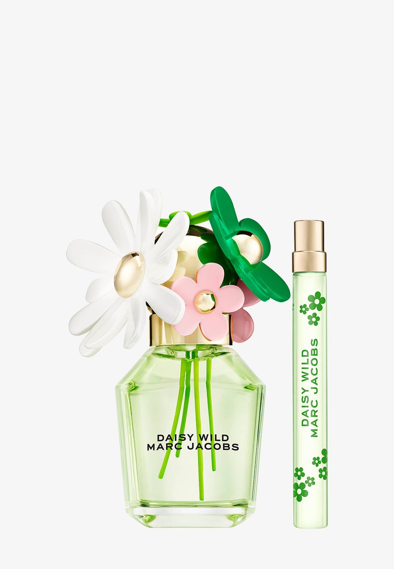 Glazen parfumfles met groene vloeistof, versierd met kleurrijke plastic bloemen - wit, roze en groen. Inclusief een bijpassende reisspray.