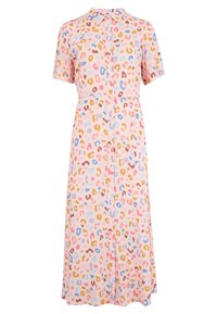 Napukav dress v rožnati tkanini z nežnim sijajem. Ima leopardji vzorec v različnih barvah. Kratki rokavi, dolžina do kolen, sproščen kroj.