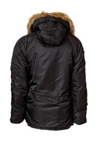 Schwarze Steppjacke mit Kapuze, die mit Kunstfell gefüttert ist, glatte, glänzende Textur, mit tailliertem Schnitt und elastischen Bündchen.