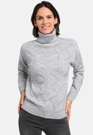 Grauer Pullover mit hohem Kragen, strukturiertem Rautenmuster sowie gerippten Bündchen an Ärmeln und Saum. Weiches Strickmaterial; lockere Passform.