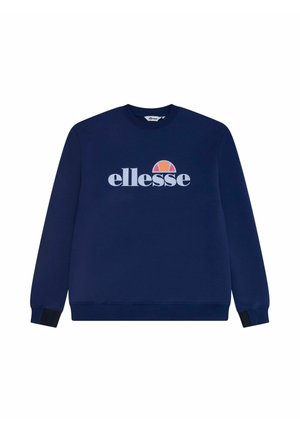 Marineblauw sweatshirt met ronde hals, lange mouwen, ribgebreide manchetten, met een groot wit "ellesse" logo en een gekleurd halve cirkel grafiek.