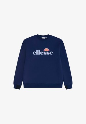 Sudadera azul marino con cuello redondo, mangas largas, puños acanalados, que presenta un gran logotipo blanco de "ellesse" y un gráfico de medio círculo en colores.