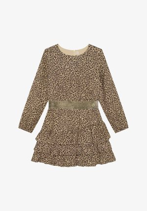 Pitkähihainen beige mekko, jossa tumma ruskea leopardikuosi, kerroksellinen röyhelöhame ja kimaltava kullanvärinen vyötärönauha.