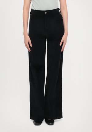 Black wide-leg pants with a high waist, made of smooth fabric. Features front pockets and a button closure. Paired with simple black shoes.