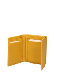 Yellow leather wallet with a textured finish, featuring two card slots and a compact, bi-fold design. No visible hardware or patterns.