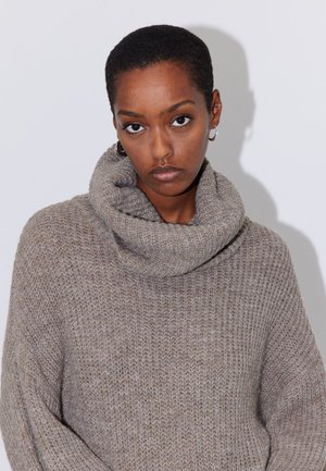 Kvinde med kort hår iført en tyk gråstrikket sweater med stor rullenkrave, neutralt ansigtsudtryk og øreringe mod en ensfarvet baggrund.