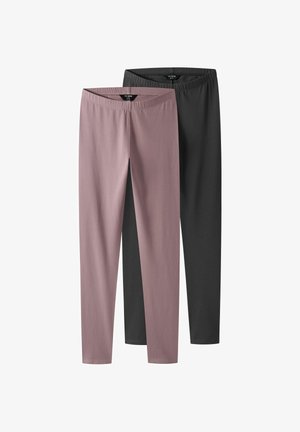 Divi kokvilnas legingi mauvu un melnā krāsā, izvietoti plakni ar elastīgu jostu un vienkāršu dizainu.