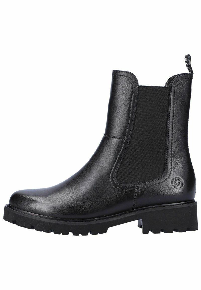 Schwarze Leder-Ankle-Boots mit elastischen Seiteneinsätzen, einer strukturierten Sohle für besseren Halt und einem kleinen Logo-Akzent an der Außenseite.