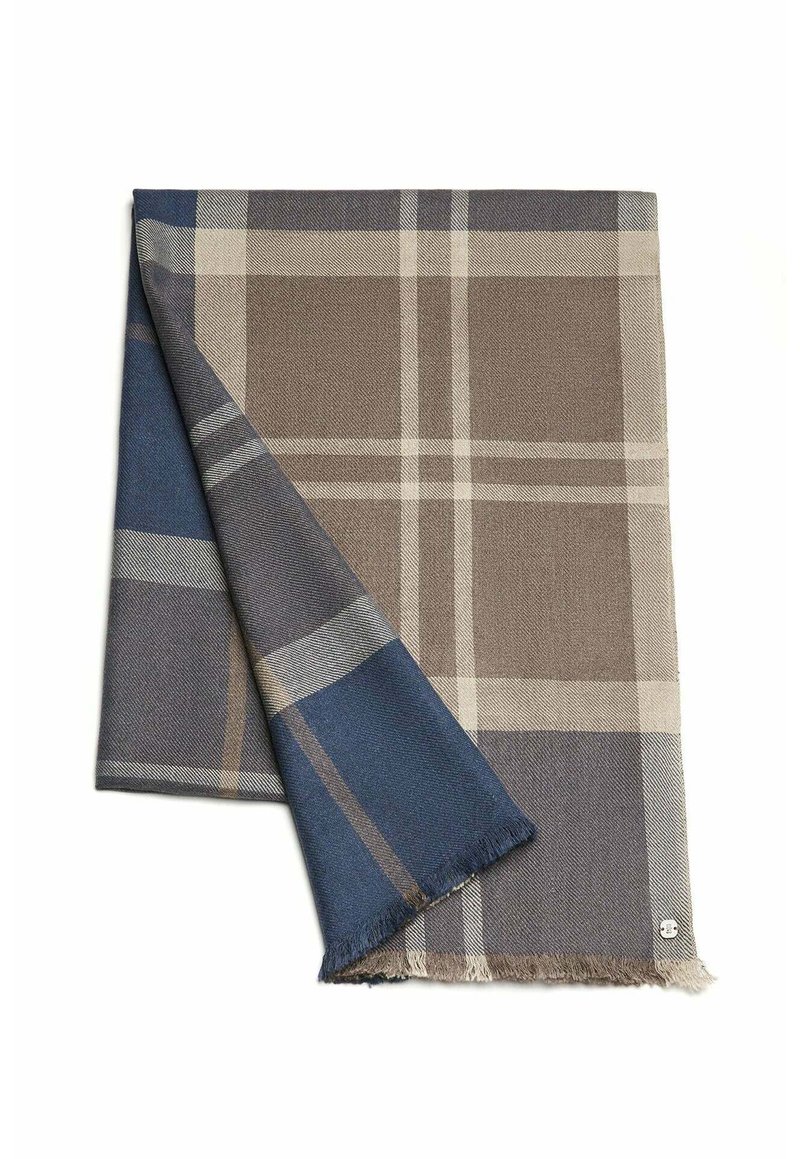 Woven plaid blanket featuring brown, blue, and gray colors. Edges have a fringe detail. Soft texture with a checked pattern throughout.
