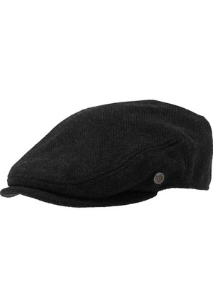 Black flat cap with a short curved brim and a small round metal emblem on the side.