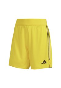 Gelbe Sportshorts aus leichtem Material, mit einem schwarzen Bund und drei schwarzen Streifen an den Seiten, sowie einem Logo am Saum.