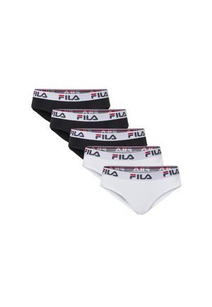 Fem par FILA-mærkede underbukser, tre sorte og to hvide, med hvide elastiske linninger med FILA-logo i sort og rødt.