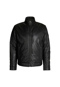 Schwarze Lederjacke mit hohem Kragen, Frontreißverschluss und zwei Seitentaschen. Das Material ist glatt mit subtiler Textur und Stitching-Details.