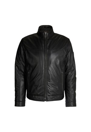 Schwarze Lederjacke mit hohem Kragen, Frontreißverschluss und zwei Seitentaschen. Das Material ist glatt mit subtiler Textur und Stitching-Details.
