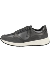 Gray leather and suede sneaker with a rounded toe, lacing, zipper detail, soft lining, and a contrasting white midsole.