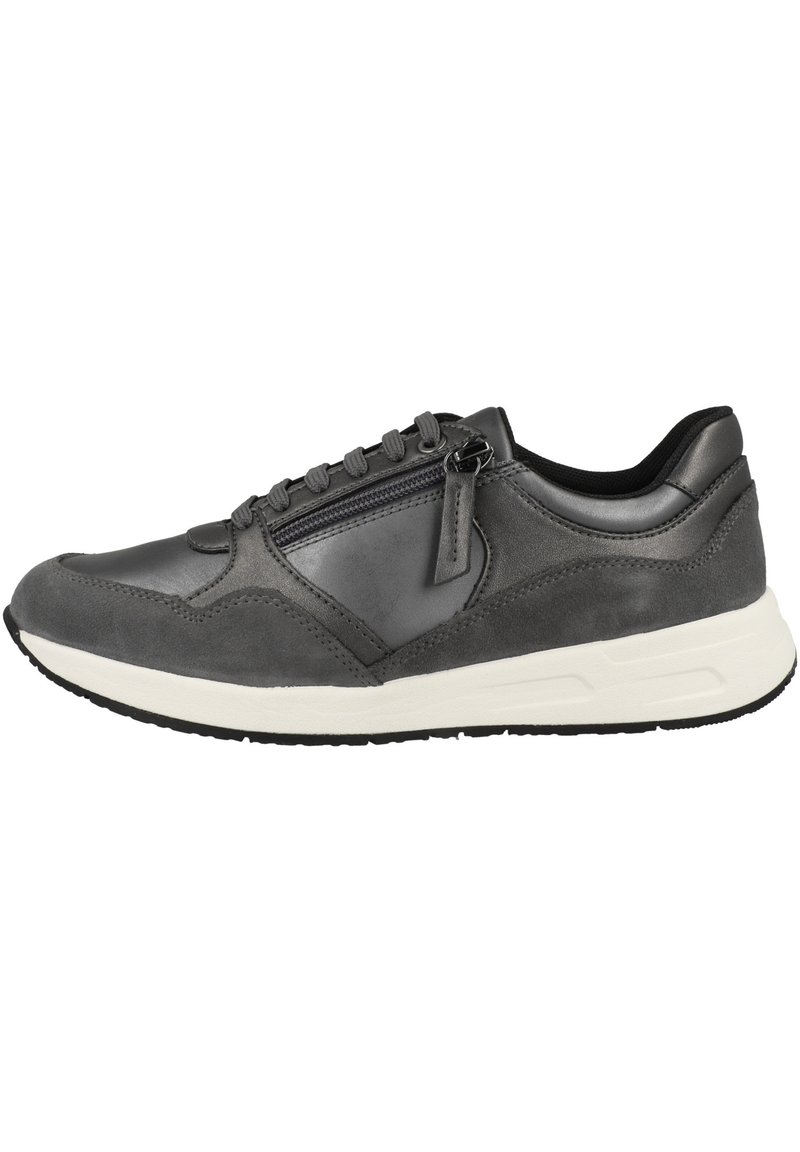Gray leather and suede sneaker with a rounded toe, lacing, zipper detail, soft lining, and a contrasting white midsole.